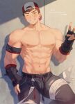  1boy abs armband backwards_hat bandaged_leg bandages bandaid bandaid_on_cheek bandaid_on_face bara baseball_cap belt beom_liben black_belt black_gloves black_pants blush brown_eyes brown_hair fingerless_gloves gloves hat higashigunkan highres large_pectorals male_focus muscular muscular_male navel nipples one_eye_closed original pants pectorals short_hair smile solo teeth topless_male translation_request v 