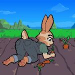  animated anthro blue_clothing blue_eyes brown_body butt carrot clothing digital_media_(artwork) eyebrows farm farmer female food fur gardening grass green_clothing green_shirt green_topwear happy lagomorph leporid low_res mammal overalls pixel_(artwork) pixel_animation plant rabbit shirt skye_(tbg) solo suggestive tan_body tan_fur teot the_bunny_graveyard thick_eyebrows topwear vegetable wiggle 