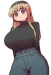  1girl :o @_@ black_hair black_shirt blonde_hair blush breasts brown_hair ceiling contrapposto denim highres huge_breasts jeans kinjo_no_hito_no_nakimushi large_breasts long_sleeves looking_at_viewer multicolored_hair ochiai_(kinjo_no_hito_no_nakimushi) pants shirt standing two-tone_hair window zyugoya 