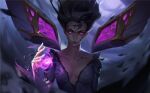  1girl absurdres armor blurry blurry_background bodysuit breasts charging_forward cleavage detached_wings facial_mark facial_tattoo floating_hair forehead_mark forehead_tattoo highres incoming_attack kai&#039;sa league_of_legends long_hair looking_at_viewer medium_breasts outdoors parted_lips plunging_neckline purple_bodysuit purple_eyes purple_hair serious shadow shoulder_armor skin_tight solo tattoo underground upper_body v-shaped_eyebrows whiskers wind wings zachary_liao 