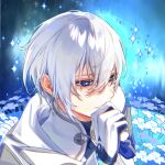  1boy blue_background blue_eyes cloak elsword facing_to_the_side flower gloves highres hood hood_down looking_ahead male_focus noah_ebalon nyx_pieta_(elsword) short_hair smile smirk solo starry_background teeth white_cloak white_flower white_gloves white_hair zhangyangri 