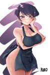  1girl absurdres apron arm_under_breasts artist_request black_apron blush breasts cleavage full_body highres komi-san_wa_komyushou_desu komi_shuuko large_breasts looking_at_viewer medium_hair naked_apron non-web_source purple_eyes purple_hair shiny_skin smile solo source_request standing 