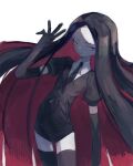  1other absurdres black_gloves black_hair black_necktie bort closed_mouth elbow_gloves gem_uniform_(houseki_no_kuni) gloves highres houseki_no_kuni long_hair looking_at_viewer multicolored_hair necktie nedoco other_focus pale_skin puffy_short_sleeves puffy_sleeves red_hair short_sleeves simple_background solo thighhighs two-tone_hair very_long_hair white_background 