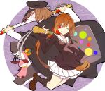  1boy bangs black_headwear black_thighhighs brown_hair father_and_daughter fuku_(46194832) hair_ribbon hammer holding holding_hammer holding_sword holding_weapon inari_(kyousougiga) koto_(kyousougiga) kyousougiga light_brown_hair long_hair one_eye_closed ponytail red_eyes red_ribbon ribbon school_uniform skirt smile sword thighhighs weapon white_footwear white_mask white_skirt 