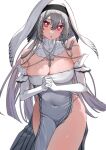  1girl :o bare_shoulders blush breasts bright_pupils cleavage commentary_request commission covered_navel cross cross_necklace diamond-shaped_pupils diamond_(shape) dress elbow_gloves gloves grey_hair hair_between_eyes highres indie_virtual_youtuber jewelry large_breasts long_hair necklace nun own_hands_clasped own_hands_together pelvic_curtain red_eyes richamu simple_background skeb_commission solo strapless strapless_dress symbol-shaped_pupils takeno_omoti veil virtual_youtuber white_background white_dress white_gloves white_pupils 