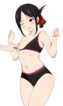  1girl 1other absurdres black_hair blush bra bra_pull breasts buruma clothes_pull collarbone coro_fae folded_ponytail hair_ribbon highres kaguya-sama_wa_kokurasetai_~tensai-tachi_no_renai_zunousen~ long_hair midriff navel nipples one_eye_closed parted_bangs red_eyes red_ribbon ribbon shinomiya_kaguya sidelocks small_breasts sports_bra thighs underwear white_background 