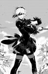  1girl absurdres alternate_hair_length alternate_hairstyle black_dress blindfold boots commentary_request covered_eyes dress facing_viewer feather-trimmed_sleeves feet_out_of_frame greyscale hairband halftone hands_up highres holding holding_sword holding_weapon mole mole_under_mouth monochrome nier:automata nier_(series) parted_lips print_dress short_hair solo standing sword thigh_boots thighhighs thighhighs_under_boots weapon wind yiburning yorha_no._2_type_b 