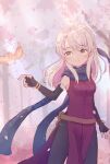  1girl bare_shoulders belt black_gloves black_leggings blue_scarf bracelet cherry_blossoms dress elbow_gloves fingerless_gloves fire_emblem fire_emblem:_radiant_dawn gloves grey_hair hair_ribbon half_updo jewelry leggings long_hair micaiah_(fire_emblem) ribbon scarf side_slit sleeveless sleeveless_dress smile solo tree yamiya_(porepore_fe) yellow_eyes yune_(fire_emblem) 