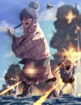  3girls ahoge ayanami_(kancolle) ayanami_kai_ni_(kancolle) black_skirt blue_hair brown_hair crossover day explosion highres holding holding_lantern i-coat japanese_clothes kantai_collection kongou_(kancolle) lantern long_hair long_sleeves multiple_girls nontraditional_miko open_mouth pleated_skirt rudder_footwear school_uniform serafuku shaded_face shima_rin short_sleeves side_ponytail skirt smokestack standing standing_on_liquid water yurucamp 