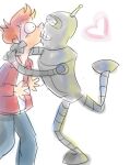  &lt;3 bender_bending_rodr&iacute;guez bottomwear clothing comedy_central denim denim_clothing duo eyes_closed futurama hair happy human jacket jeans kissing machine male male/male mammal nymi orange_hair pants philip_j._fry red_clothing red_jacket red_topwear robot topwear 