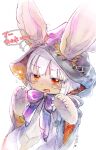  1other animal animal_ear_fluff animal_ears furry halloween halloween_costume happy_halloween highres made_in_abyss nanachi_(made_in_abyss) nervous pink_ribbon ribbon tail toro_astro whiskers white_hair 