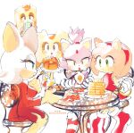  5girls amy_rose bacon bat_girl blaze_the_cat blush breakfast cat_girl chair choccymilk589 cream_the_rabbit dress eating egg_(food) food forehead_jewel gloves green_eyes highres multiple_girls pancake pancake_stack pink_fur purple_fur rabbit_girl red_dress red_footwear rouge_the_bat round_table sonic_(series) table vanilla_the_rabbit white_fur yellow_eyes 