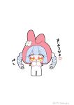  0725akaba 1girl :d absurdres animal_ears animal_hood blue_hair blush_stickers bow braid chibi fake_animal_ears flower hair_bow highres hololive hood hood_up multicolored_hair rabbit_ears rabbit_hood red_eyes short_eyebrows simple_background smile solo standing thick_eyebrows translation_request twin_braids twintails twitter_username two-tone_hair usada_pekora virtual_youtuber white_background white_bow white_flower white_hair 
