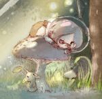  1girl ;o alien b_spa_gyoreva backpack bad_id bad_pixiv_id bag brittany_(pikmin) dappled_sunlight eyelashes glasses gloves grass leaf looking_at_another lying mushroom on_stomach one_eye_closed open_mouth pikmin_(series) pink_bag pink_gloves pink_hair pink_skirt pointy_ears radio_antenna red-framed_eyewear shady_eyes short_hair sitting skirt space_helmet spacesuit sunlight third-party_source tiny tree triangular_eyewear yellow_pikmin 