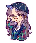  1girl :o animification artist_name black_headwear blazer blue_vest brown_hair collared_shirt english_commentary glasses green_jacket hair_behind_ear hand_on_eyewear hat jacket k-pop lunacyhilly neck_ribbon open_mouth painttool_sai_(medium) parted_bangs plaid plaid_jacket plaid_vest real_life red_ribbon ribbon round_eyewear shirt star_(symbol) upper_body vest white_background white_shirt wjsn yeoreum_(wjsn) 