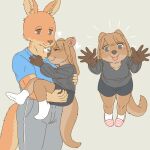  anthro breasts carrying_another clothed clothing duo ekaki510 female kangaroo kemono macropod male mammal marsupial quokka 