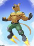  abs anthro black_boots black_clothing black_footwear black_gloves black_handwear boots bottomwear canid canine canis clothing collar domestic_dog fingerless_gloves flying footwear gloves green_bottomwear green_clothing green_pants handwear hanna-barbera heffy038 hi_res knee_pads male mammal muscular pants rocket_boots scooby-doo scooby-doo_(series) sky solo 