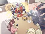  2boys 2girls alternate_costume blonde_hair brown_hair casual cellphone controller cup eating energy_wings facial_mark fallen_angel food fruit gradient_hair highres indoors kotatsu lmn9911 mandarin_orange masterflare_hyperion multicolored_hair multiple_boys multiple_girls phone plate purple_hair rainbow_hair red_eyes remote_control shirt sitting smartphone table television the_first_darklord the_weather_painter_rainbow trait_connection trickstar_lycoris white_hair yellow_eyes yu-gi-oh! 