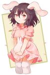  1girl animal animal_ears ar_(maeus) black_hair dress feet_out_of_frame hair_between_eyes highres holding holding_animal inaba_tewi parted_lips pink_dress rabbit rabbit_ears red_eyes short_hair short_sleeves solo thighhighs touhou white_thighhighs 