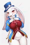  2023 anthro big_breasts blue_clothing blue_hat blue_headwear blush bottomless breasts buckteeth clothed clothing emul_(shangri-la_frontier) eternity-zinogre eyebrows eyelashes female fur genitals hat headgear headwear hi_res lagomorph leporid long_ears looking_at_viewer mammal navel neck_tuft open_mouth pussy rabbit red_eyes shangri-la_frontier solo teeth top_hat topwear tuft white_body white_fur 