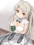  1girl akino_shuu blush breasts brown_eyes cleavage closed_mouth commentary_request conte_di_cavour_(kancolle) conte_di_cavour_nuovo_(kancolle) cup dress gloves green_tea grey_hair holding holding_cup kantai_collection large_breasts layered_dress long_hair short_sleeves smile solo tea twitter_username white_dress white_gloves yunomi 