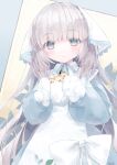 .live 1girl absurdres alternate_costume apron blunt_bangs blush bread closed_mouth commentary_request cure_na food grey_eyes grey_hair highres holding holding_food long_hair looking_at_viewer merry_milk mittens ribbon signature simple_background smile virtual_youtuber 