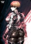  1girl armor artist_name ass breasts brown_eyes brown_hair d&#039;arce_(fear_&amp;_hunger) fear_&amp;_hunger fingerless_gloves gloves highres knight large_breasts short_hair solo the_golden_smurf thick_thighs thighs 