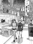  2girls absurdres ayanami_rei blue_hair breasts city cityscape highres josep_moore large_breasts miniskirt monochrome multiple_girls neon_genesis_evangelion night non-web_source red_hair road skirt souryuu_asuka_langley street thighhighs thighs 