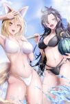  2girls animal_ears bikini black_bikini blonde_hair blue_sky breasts cloud commentary_request cowboy_shot food fox_ears fox_girl fox_tail front-tie_bikini_top front-tie_top fruit grey_eyes grey_hair highres himemushi_momoyo holding holding_food holding_fruit holding_pickaxe kudamaki_tsukasa long_hair looking_at_viewer medium_hair messy_hair multiple_girls navel niradama_(nira2ratama) open_clothes open_mouth open_shirt outdoors pickaxe shirt sky smile splashing swimsuit tail touhou water watermelon white_bikini 