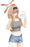  1girl alternate_costume black_hairband blue_archive blush bottle breasts brown_hair chinatsu_(blue_archive) cleavage closed_eyes denim denim_shorts fanning_self glasses gomibako_(gomibako_price) grey_tank_top hairband halo highres holding holding_bottle long_hair low_twintails navel pointy_ears shorts simple_background solo stomach sweat tank_top twintails 
