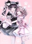  2girls :3 aegyo_sal animal_ears animal_hands black_dress black_hair blue_eyes blush bow breasts brown_hair cat_ears cat_tail ciao_churu cleavage dress fake_animal_ears fake_tail gloves hair_ribbon highres himeno-chan_(min) hug long_hair looking_at_viewer min_(mts2314) mouth_hold multiple_girls one_eye_closed open_mouth original paw_gloves pet_food pink_background pink_bow pink_dress puffy_short_sleeves puffy_sleeves ribbon short_hair short_sleeves smile socks standing standing_on_one_leg syu-chan_(min) tail thighhighs twintails white_ribbon white_socks white_thighhighs 