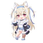  1girl :d ame. animal_ear_fluff animal_ears belt belt_buckle black_jacket blonde_hair blue_belt blue_hair blue_hairband blue_nails breasts buckle chain chibi dog_ears dog_girl dog_tail dress fang fishnet_thighhighs fishnets full_body fur-trimmed_jacket fur_trim fuwawa_abyssgard hair_between_eyes hair_ornament hairband hairclip hand_up highres hololive hololive_english jacket long_hair looking_at_viewer medium_breasts multicolored_hair nail_polish open_clothes open_jacket red_eyes shoes simple_background single_thighhigh smile solo standing streaked_hair tail thighhighs two_side_up very_long_hair virtual_youtuber white_background white_dress white_footwear 