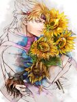  1boy battle_tendency blonde_hair blue_jacket bouquet caesar_anthonio_zeppeli facial_mark feather_hair_ornament feathers fingerless_gloves gloves green_eyes hair_ornament headband highres jacket jojo_no_kimyou_na_bouken male_focus mikan03260 partially_colored pink_scarf scarf solo wilted_flower 