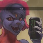  &gt;:d 2023 5_fingers anthro anthrofied bangs beverage beverage_can black_eyebrows black_nose can cheek_tuft cinnahbunn clawed_fingers claws container detailed_background digital_media_(artwork) digital_painting_(artwork) ear_piercing ear_ring energy_drink evil_grin eyebrows eyelashes facial_tuft fan_character fang_the_weavile fangs female fingers forehead_gem freckles fur generation_4_pokemon grin hair hair_over_eye head_tuft hi_res holding_can holding_container holding_object insane looking_at_viewer mammal meme monster_energy neck_tuft nintendo one_eye_obstructed open_mouth open_smile piercing pokemon pokemon_(species) pokemorph reaction_image red_eyes red_hair ring_piercing selfie sharp_claws smile smiling_at_viewer snapchat solo teeth text thick_eyelashes three-quarter_view tongue tuft weavile white_claws 