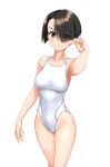  1girl absurdres black_hair blurry blurry_background bob_cut breasts commentary_request competition_swimsuit covered_navel cowboy_shot girls_und_panzer green_eyes hair_over_one_eye highres inverted_bob medium_breasts multicolored_clothes one-piece_swimsuit short_hair simple_background solo swimsuit takafumi two-tone_swimsuit vanilla_(girls_und_panzer) variant_set white_background white_one-piece_swimsuit 