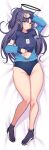  1girl ariso_kaoru arm_up ass_visible_through_thighs black_footwear blue_archive blue_jacket blush breasts closed_mouth clothes_lift covered_nipples dakimakura_(medium) full_body groin hair_intakes halo high_ponytail highres jacket knees_together_feet_apart lanyard large_breasts lifted_by_self long_hair long_sleeves looking_at_viewer lying navel no_bra official_alternate_costume on_back open_clothes open_jacket parted_bangs raised_eyebrows shirt_lift shoes solo star_(symbol) sweat thigh_gap thighs track_jacket yuuka_(blue_archive) yuuka_(track)_(blue_archive) 