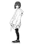  1girl commentary drawstring from_side full_body greyscale highres hood hood_down hoodie leggings long_sleeves looking_at_viewer looking_to_the_side monochrome nao97122 original shoes short_hair simple_background sneakers solo standing white_background 