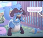  anthro baby_bottle blue_body blue_eyes blue_fur blurred_background bodily_fluids command crib cuddlehooves dialogue diaper ditto_face floral_markings fur furgonomics generation_4_pokemon generation_9_pokemon genital_fluids hi_res hypnosis hypnotic_eyes looking_at_another male markings mind_control mommy_kink nintendo nursery object_in_mouth offscreen_character one_eye_closed pacifer pacifier pacifier_in_mouth pillow plushie pokemon pokemon_(species) print_diaper riolu rug sagging_diaper smile solo speech_bubble spotted_cheeks sprigatito standing text urine wet_diaper wetting young 