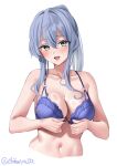  1girl blue_bra blue_hair bra breasts cropped_torso ebifurya gotland_(kancolle) hair_between_eyes highres kantai_collection large_breasts long_hair looking_at_viewer mole mole_under_eye navel ponytail smile solo stomach underwear upper_body 