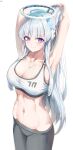  1girl abs blue_archive breasts cleavage dotthebot grey_hair halo headphones highres large_breasts long_hair muscular muscular_female noa_(blue_archive) pants ponytail purple_eyes sidelocks smile sports_bra very_long_hair yoga_pants 