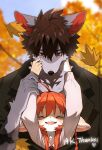 1boy 1girl animal_ears arm_tattoo arms_up autumn autumn_leaves black_jacket blue_sky body_fur brown_hair claws closed_eyes collared_shirt falling_leaves fangs fish7163 fox_ears fox_girl furry furry_female furry_male grey_fur hair_between_eyes hand_up hands_on_another&#039;s_cheeks hands_on_another&#039;s_face highres holding_another&#039;s_arm jacket jacket_on_shoulders leaf long_hair long_sleeves looking_at_another looking_down open_mouth orange_background orange_hair original outdoors shirt short_hair sky tattoo upper_body wolf wolf_boy wolf_ears 