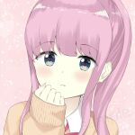  1girl 7_calpis_7 blush brown_sweater clip_studio_paint_(medium) closed_mouth collared_shirt commentary_request grey_eyes hand_up heart heart-shaped_pupils long_sleeves looking_at_viewer original pink_background pink_hair puffy_long_sleeves puffy_sleeves sample_watermark school_uniform shirt sidelocks simple_background sleeves_past_wrists solo sweater symbol-shaped_pupils white_shirt 