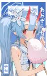  1girl bikini blue_archive blue_bikini blue_hair blush chise_(blue_archive) chise_(swimsuit)_(blue_archive) cotton_candy flat_chest food hair_between_eyes holding holding_food horns hoshi_umi long_hair looking_at_viewer oni_horns pointing pointing_up pointy_ears ponytail red_eyes red_horns sailor_collar solo striped striped_bikini swimsuit upper_body white_sailor_collar 