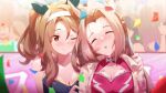  2girls :o absurdres animal_ears armband bare_shoulders blush borrowed_clothes braid breasts brown_hair cleavage closed_mouth collarbone commentary_request confetti crowd crown_braid dirty dirty_clothes dress ear_covers ear_ornament head_tilt headband highres horse_ears horse_girl jacket kawakami_princess_(umamusume) king_halo_(noble_white_cheer_attire)_(umamusume) king_halo_(umamusume) long_hair looking_at_another medium_breasts multiple_girls official_alternate_costume one_eye_closed open_mouth parted_bangs pink_dress red_eyes roar_yell!_tracen_academy_cheerleading_squad_(umamusume) sanami_(sanami_t_38) sidelocks sleeping smile umamusume upper_body white_headband white_jacket 