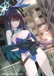  1girl absurdres animal_ears assault_rifle bare_shoulders belt black_hair blue_archive blue_eyes blue_gloves bow bowtie breasts detached_collar dutch_angle fake_animal_ears gloves gun halo highres kojima_takeshi long_hair looking_at_viewer playboy_bunny rabbit_ears rifle saori_(blue_archive) solo weapon 