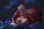  animal_focus blurry colored_sclera depth_of_field english_commentary father_and_son grass grin highres lion looking_at_another looking_up mufasa night night_sky no_humans outdoors red_eyes simba sky smile star_(sky) the_lion_king tobu_0w0 whiskers yellow_sclera 