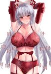  1girl arms_behind_head arms_up blush bow bra breasts cleavage commentary_request cowboy_shot elbow_gloves enmimontoria fujiwara_no_mokou garter_belt gloves grey_hair groin hair_bow highres huge_breasts lingerie long_hair looking_at_viewer panties red_bra red_eyes red_gloves red_panties red_thighhighs simple_background solo thighhighs touhou underwear white_background white_bow 