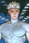  1boy artist_name blonde_hair blue_eyes blurry blurry_background bodysuit commentary covered_collarbone english_commentary highres looking_at_viewer male_focus millions_knives mistermagnolia mole mole_under_eye parted_lips pectorals short_hair solo trigun trigun_stampede twitter_username undercut upper_body white_bodysuit 