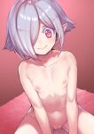  1girl aruku001 blush breasts closed_mouth collarbone hair_over_one_eye highres jashin-chan_dropkick looking_at_viewer navel nipples nude persephone_ii pointy_ears pussy red_eyes short_hair small_breasts smile solo white_hair 