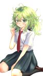  1girl amai_to_mato boku_no_hero_academia collared_shirt green_eyes green_hair green_skirt hagakure_tooru highres kneehighs long_hair messy_hair necktie red_necktie school_uniform seiza shirt shirt_tucked_in sitting skirt socks solo thick_eyelashes u.a._school_uniform unusually_visible white_shirt 